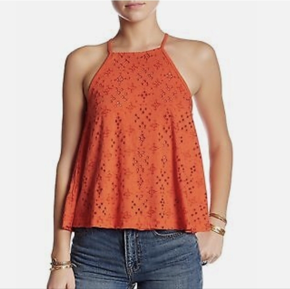𝅺free PEOPLE orange dream eyelet cut away halter tank top xs - Picture 2 of 9